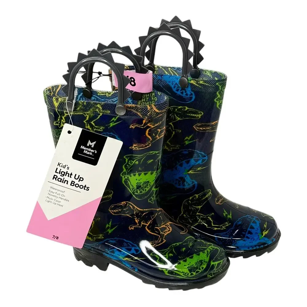 NEW Light Up RAIN BOOTS 7/8 Boys Kids Dinosaur T REX Rubber Boot Shoes Lights
